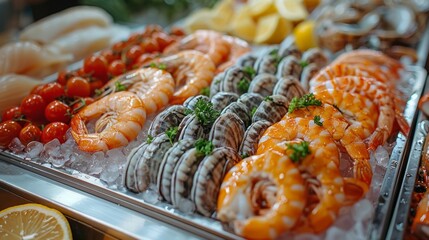 The fish market has a variety of seafood for sale on ice. © Maxim Borbut