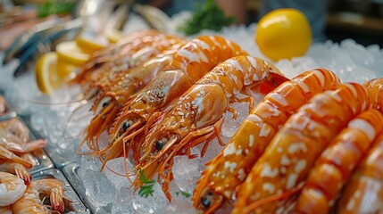 There are several types of seafood on sale at the fish market. Seafood is displayed on ice in the fish market. © Maxim Borbut