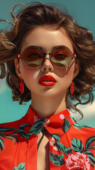Fototapeta premium Retro style pastel colors summer background. Fashion woman wearing big sunglasses.