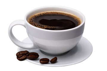Fototapeta premium A freshly brewed cup of black coffee with coffee beans, displayed on a transparent, white background as a high-quality png