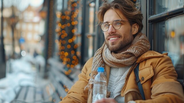 The man sits outside the office building and opens a water bottle in a happy mood
