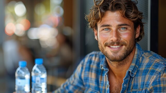 A happy man opens a water bottle outside an office building