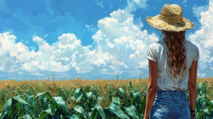 In the summer sun, a female farmer checks the corn plants in her field