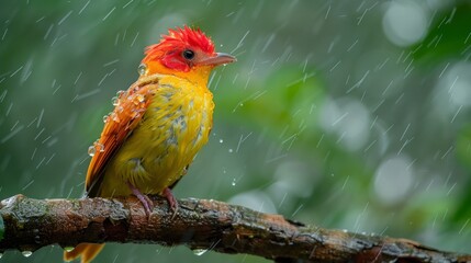 In the Amazon, Brazil, a wonderful red and orange bird sits on a tree and washes his body.