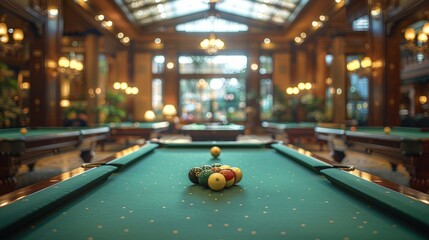 In a stylish club, there are billiard tables covered in green cloth