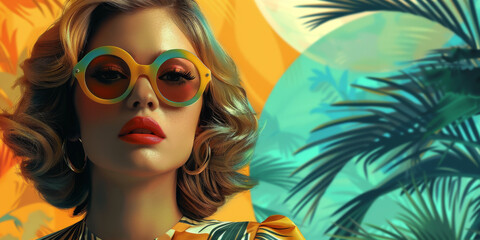 Retro style pastel colors summer background. Fashion woman wearing big sunglasses.