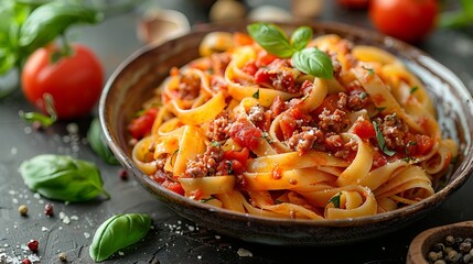 A traditional homemade ragout of beef and pasta Bolognese