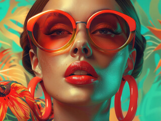 Retro style pastel colors summer background. Fashion woman wearing big sunglasses.