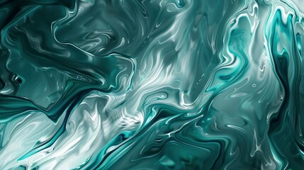 Fototapeta premium Teal and silver paint intertwining, Ink Shadows, peaceful radiance pulses through fluid channels, phone wallpaper