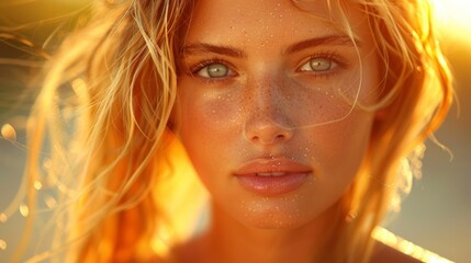 Fototapeta premium Beach girl with golden tan in summer sunlight