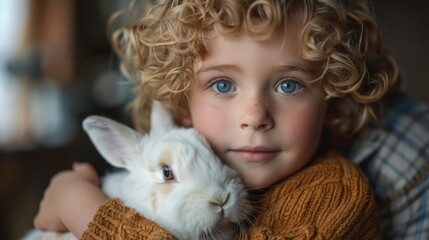 During Easter celebration at home with mom, a curly blond boy plays with his white pet bunny