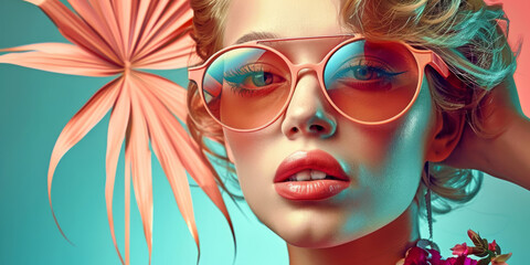 Retro style pastel colors summer background. Fashion woman wearing big sunglasses.