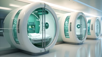 Modular Treatment Pods in modern hospital. Adaptable spaces for medical procedures and patients comfort
