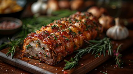 This beautifully roasted pork fillet is wrapped in herbs and ham, with a wood board in the background with thyme, rosemary, sage and garlic in the background. © Maxim Borbut