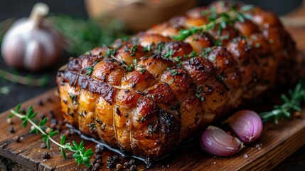 The wooden board is decorated with garlic, thyme, sage, rosemary, and herbs, including delicious roasted pork fillet wrapped in herbs and ham. © Maxim Borbut