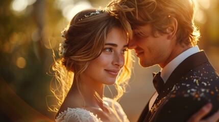 Wedding couple in park kissing and hugging each other.