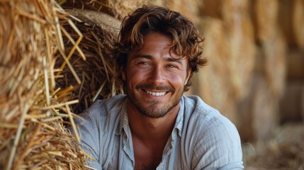 A handsome young farmer (student) sitting on haystack and smiling happily. Concepts: clean air, ecology, agriculture, hay, farmers, successful people, business.