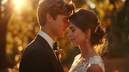 Wedding couple kissing and hugging in the park