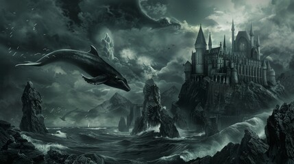 dark gothic surrealism, dark clouds, windy, gloomy, 16:9