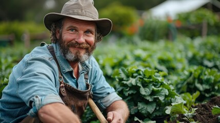 A portrait of an American male gardener in a sunny spring landscape with a shovel