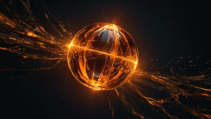 Abstract yellow orange glowing energy magic bright high tech sphere ball circle  in fire and smoke background