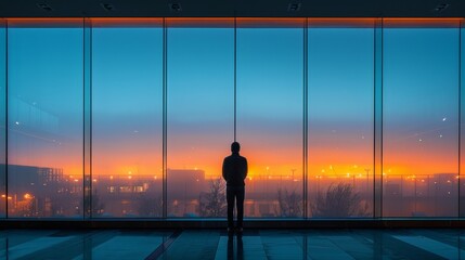 The businessman in the meeting room contemplates out the window