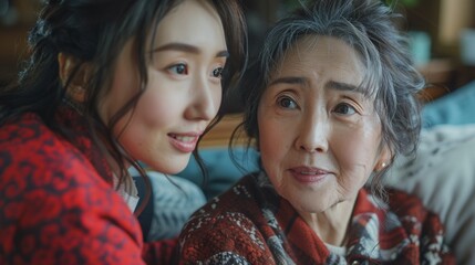 Assisted by an Asian nurse, an old lady stands up from the couch.