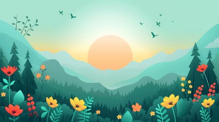 Fototapeta premium The image is a vector illustration of a beautiful landscape with mountains, hills, and a forest