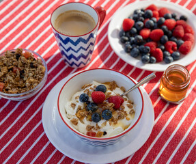 Healthy breakfast in bowl of greek yogurt with oat granola, blueberries and raspberries, honey.