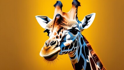 A close-up of a head giraffe, capturing its curious expression against a yellow backdrop