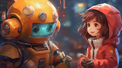 anime illustration of a cute girl meeting a robot