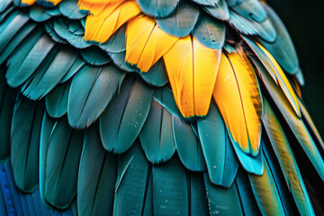 Fototapeta premium turquoise yellow feathers of exotic parrot bird close-up