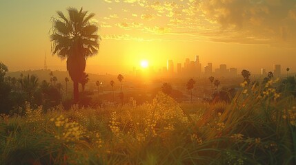 In the background, palm trees line the Los Angeles skyline