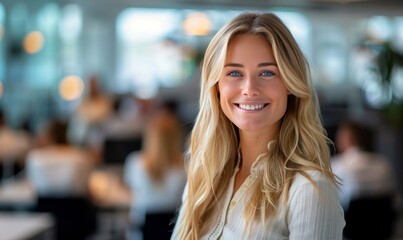 Obraz premium Confident Businesswoman Smiling in Modern Office Setting