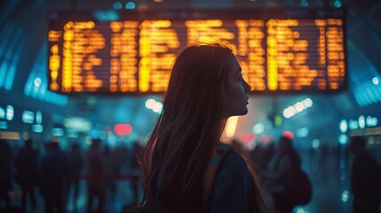 Woman Walking Through Busy Airport Terminal With Backpack