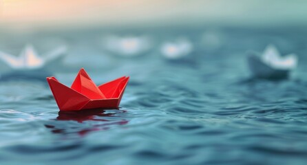 Red Paper Boat Floating on Water at Sunset