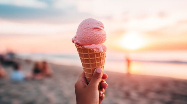 Glace &agrave; la fraise dans un cornet tenue &agrave; la main devant un arri&egrave;re-plan flou de la plage. Mer, oc&eacute;an, sable. Nourriture, dessert, sucr&eacute;, d&eacute;licieux. Vacances, &eacute;t&eacute;, soleil, plaisir. 