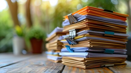 Close up the stacking of office working documents using paper clip folders