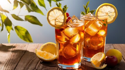 Two glasses of cold refreshment tea with ice and lemon fruit