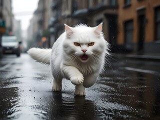 angry white cat running down the street in rain Generative Art