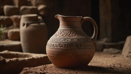 Recently made clay jug with intrinsic patterns and imperfections visible on its surface