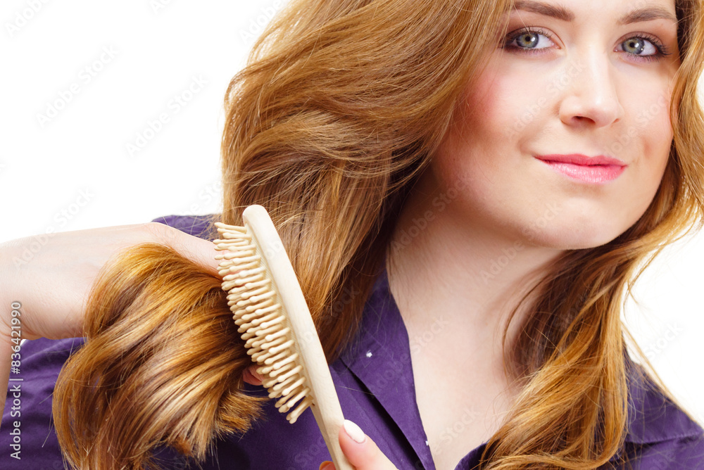 Sticker Woman brushing long healthy brown hair