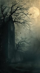 Obraz premium Dead Tree Branches and Abandoned Haunted Farm House Vintage Halloween Artwork, Halloween Backdrop, Spooky Wallpaper, Haunting Macabre Art, Scary Background Concept