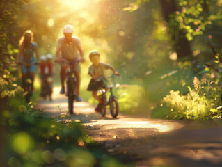 Fahrradtour im Sonnenlicht: Familie im Wald