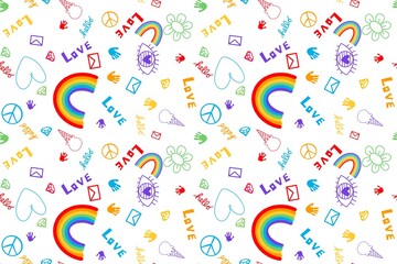 Lgbtq rainbow pride seamless love and eyes and peace sign pattern