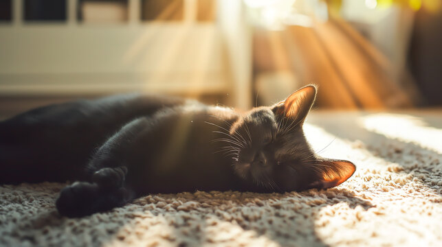 Happy cute black cat sleeping on carpet in living room with a sunbeam shinning through the window