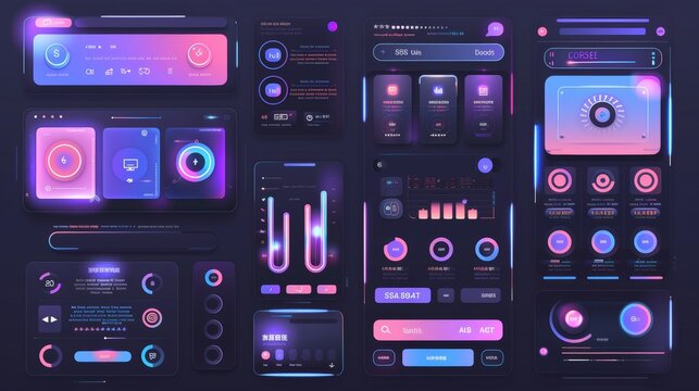 User interface elements set for messenger mobile app. Kit template with HUD diagrams, navigation buttons, chat messages, emoticons, profile statistics. Pack of UI, UX, GUI screens. Vector components. 