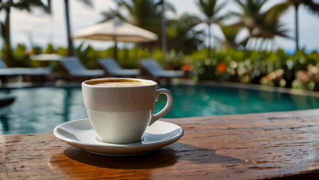 Relaxing morning coffee by tropical poolside resort with sunny palm tree backdrop
