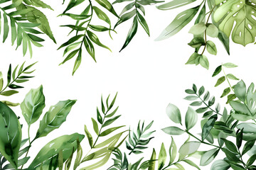 Naklejka premium tropical green leaves and branches on watercolor frame, perfect for wedding invitations or greeting cards. generative ai