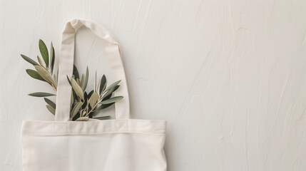 Mockup of white blank canvas tote bag with olive branch and minimalistic background, eco textile shopping sack with copy space.